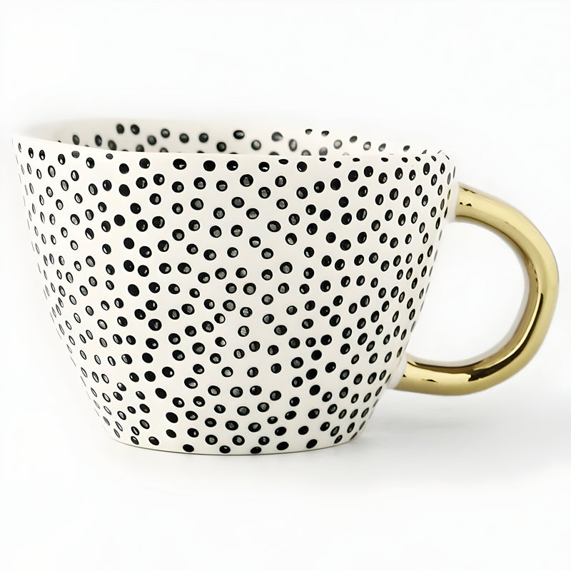 Geometric Ceramic Mug with Gold-Tone Handle for Coffee, Tea and Espresso