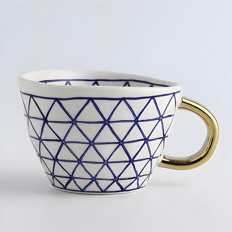 Geometric Ceramic Mug with Gold-Tone Handle for Coffee, Tea and Espresso