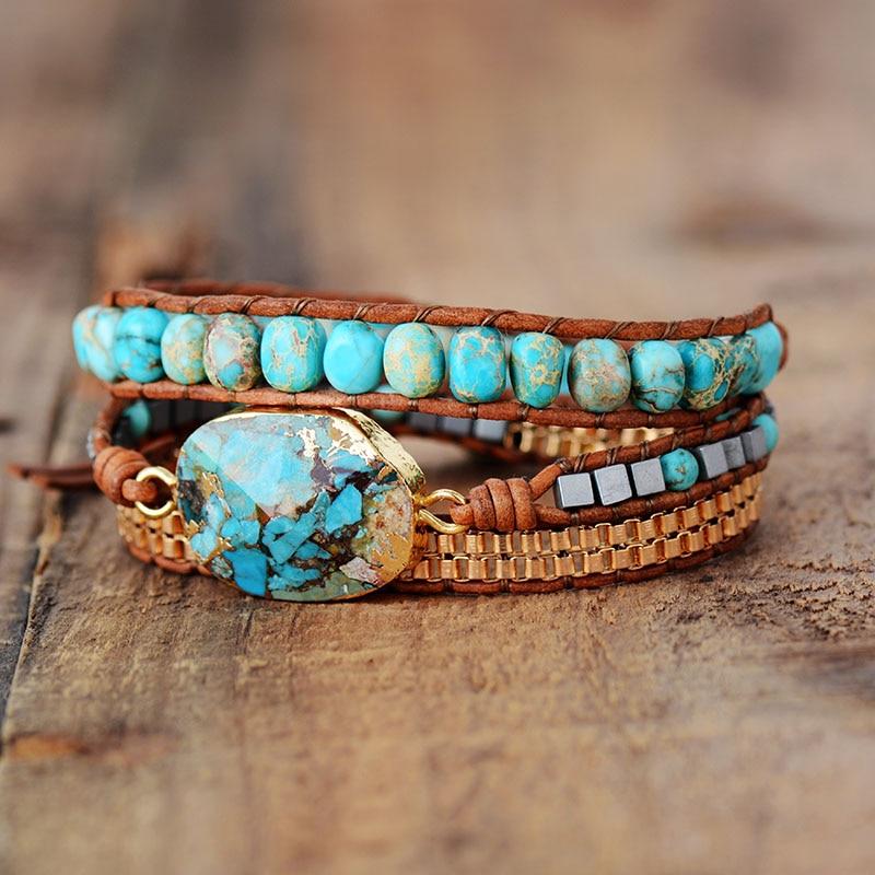 Wrap Bracelet with Stone Beads, Leather Strands and Button Loops