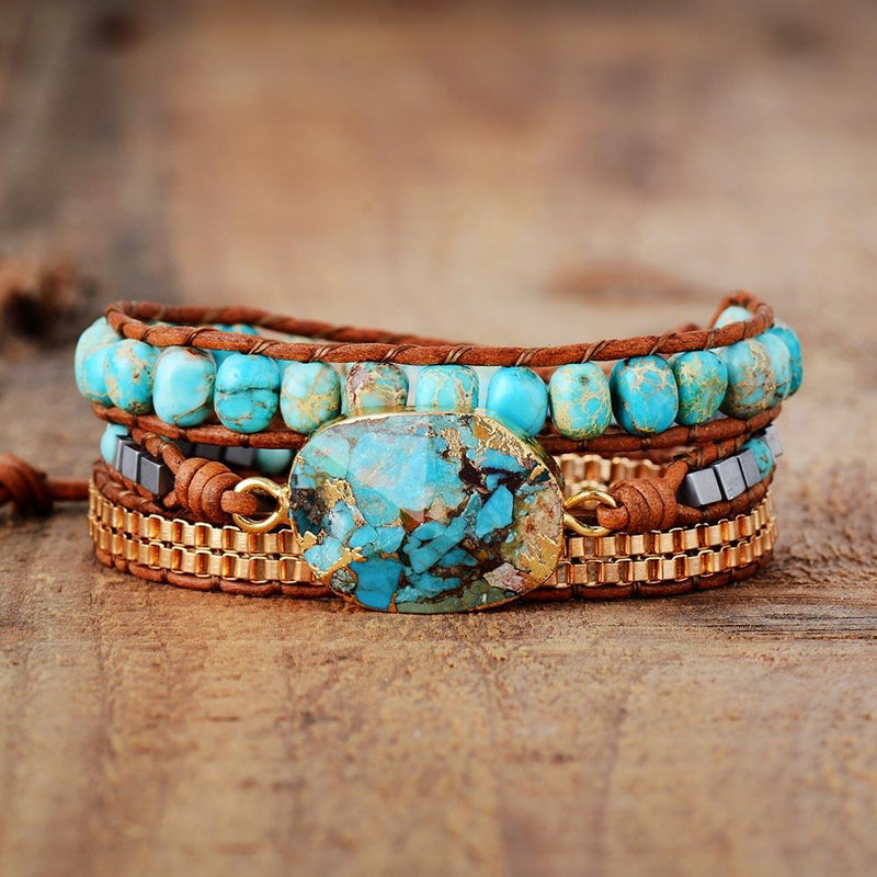 Wrap Bracelet with Stone Beads, Leather Strands and Button Loops