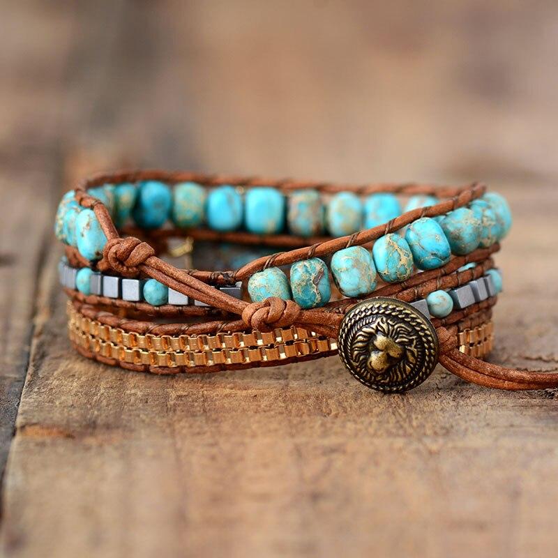 Wrap Bracelet with Stone Beads, Leather Strands and Button Loops