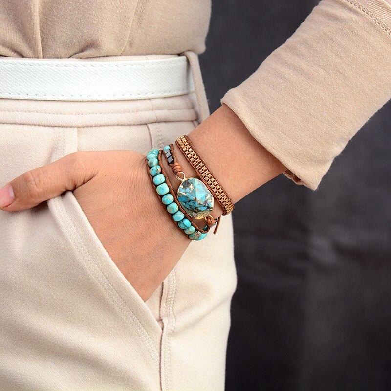 Wrap Bracelet with Stone Beads, Leather Strands and Button Loops