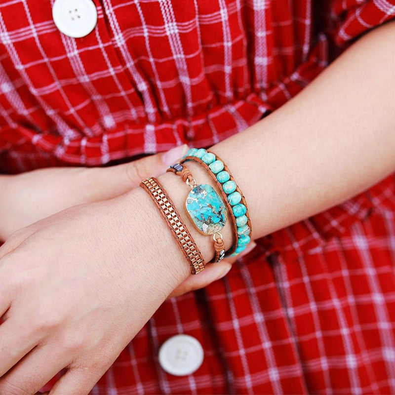 Wrap Bracelet with Stone Beads, Leather Strands and Button Loops