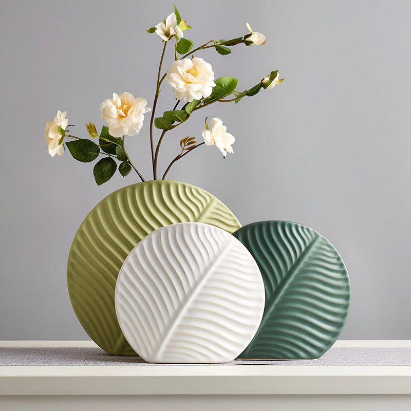 Minimalist Ceramic Vase with Leaf Relief for Scandinavian Interior Living