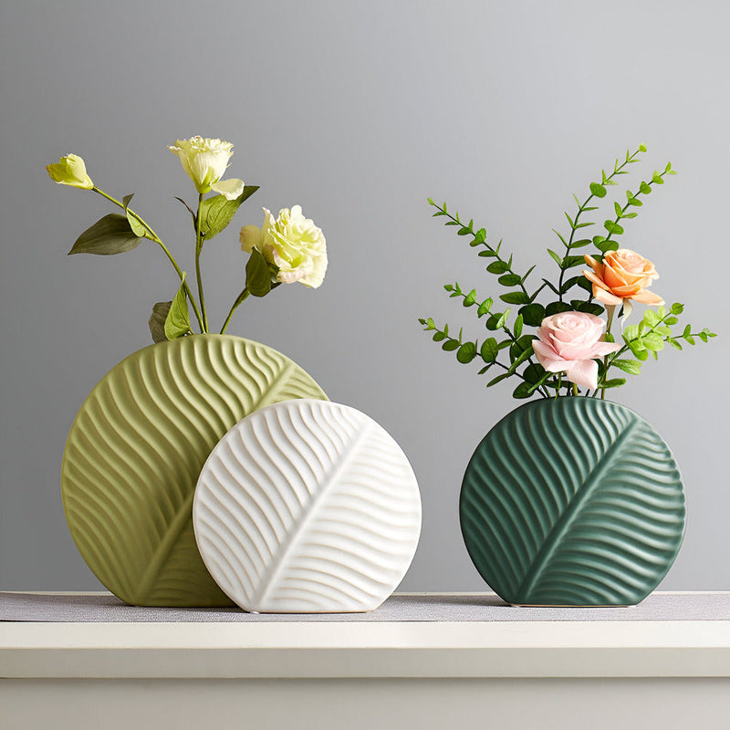 Minimalist Ceramic Vase with Leaf Relief for Scandinavian Interior Living