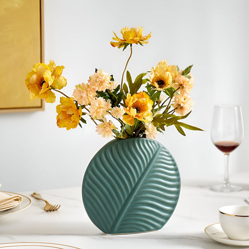 Minimalist Ceramic Vase with Leaf Relief for Scandinavian Interior Living