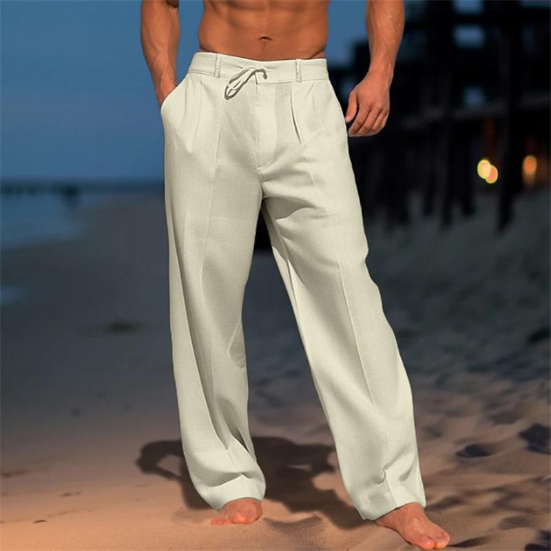 Men's Linen Trousers with Relaxed Fit and Adjustable Waist