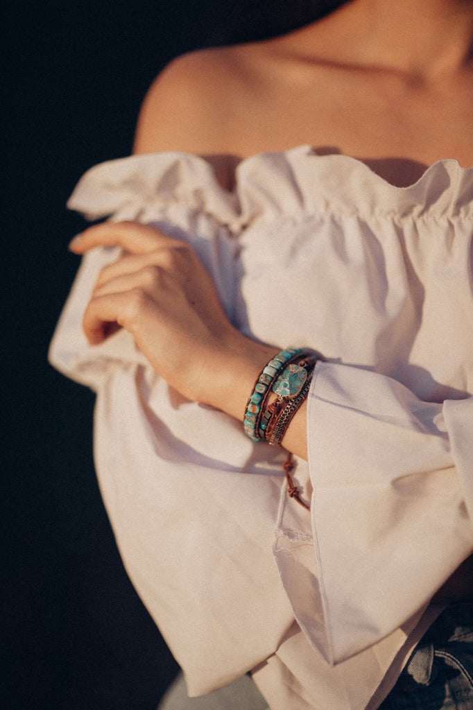 Wrap Bracelet with Stone Beads, Leather Strands and Button Loops