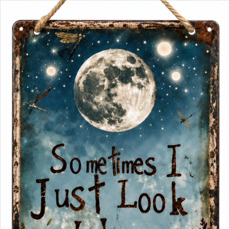 Vintage Moon & Dragonfly Hanging Garden Sign