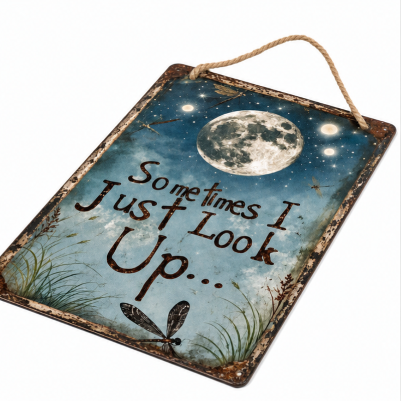 Vintage Moon & Dragonfly Hanging Garden Sign