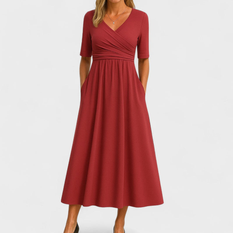 Elegant Midi Dress with V Neck and Flattering Fit for Women