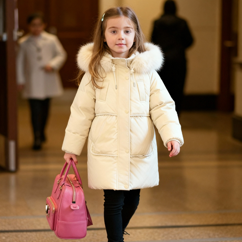 Children's Winter Coat for Boys and Girls with Long Fit and Fur Collar