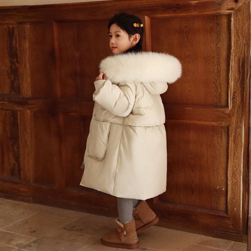 Children's Winter Coat for Boys and Girls with Long Fit and Fur Collar