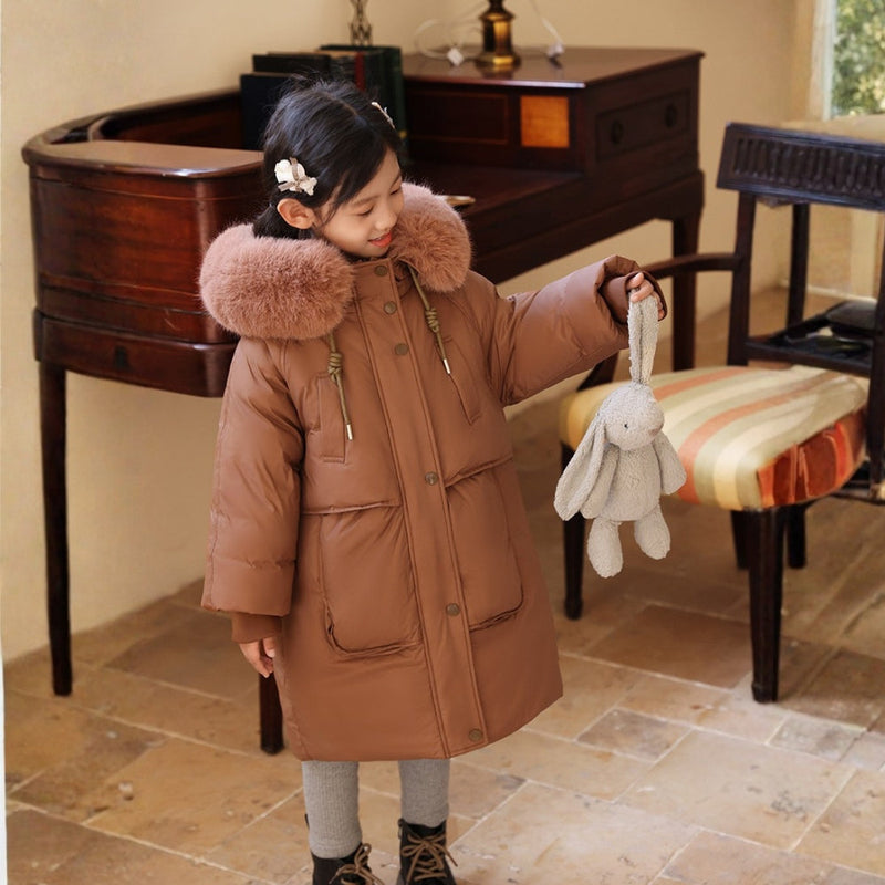 Children's Winter Coat for Boys and Girls with Long Fit and Fur Collar