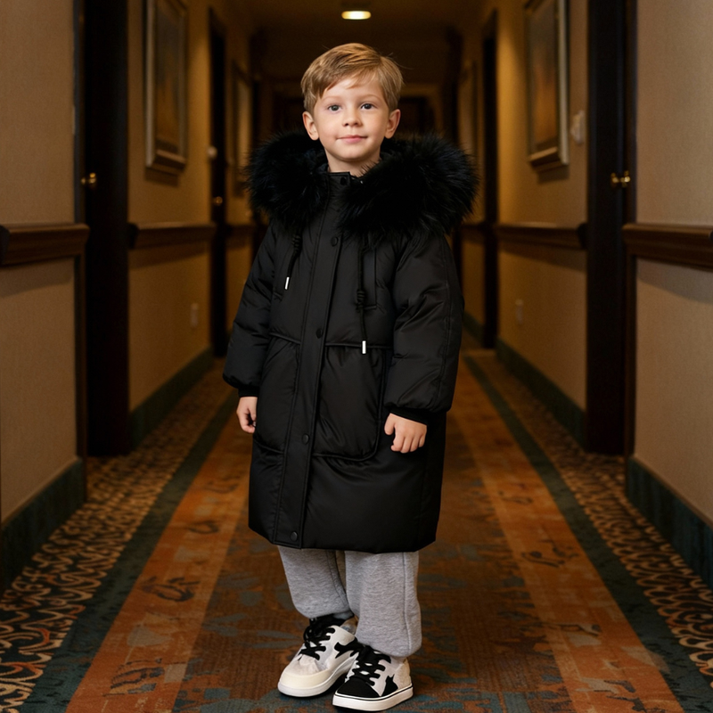 Children's Winter Coat for Boys and Girls with Long Fit and Fur Collar