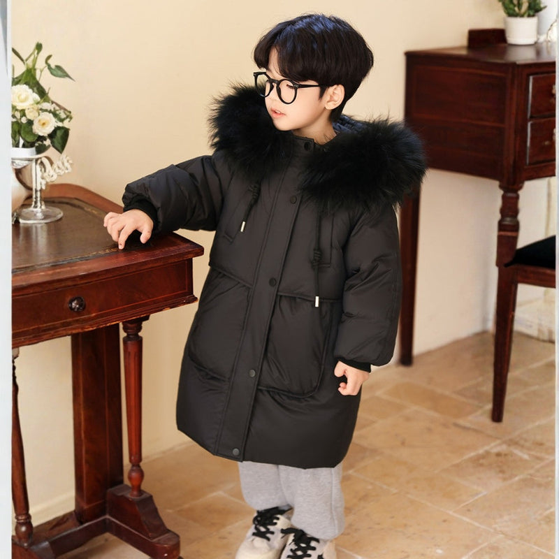 Children's Winter Coat for Boys and Girls with Long Fit and Fur Collar