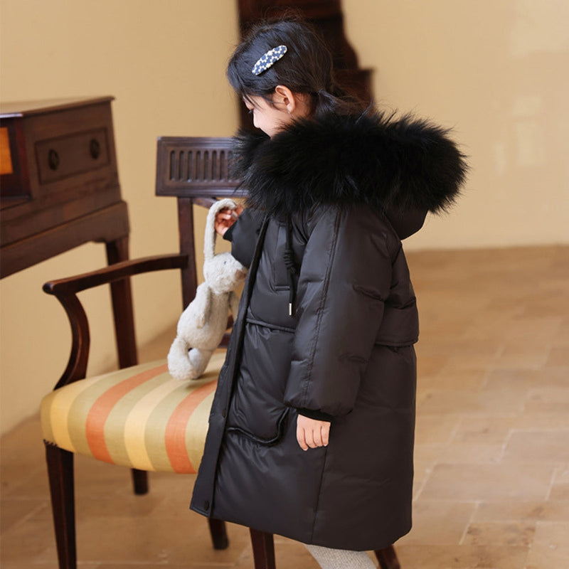 Children's Winter Coat for Boys and Girls with Long Fit and Fur Collar