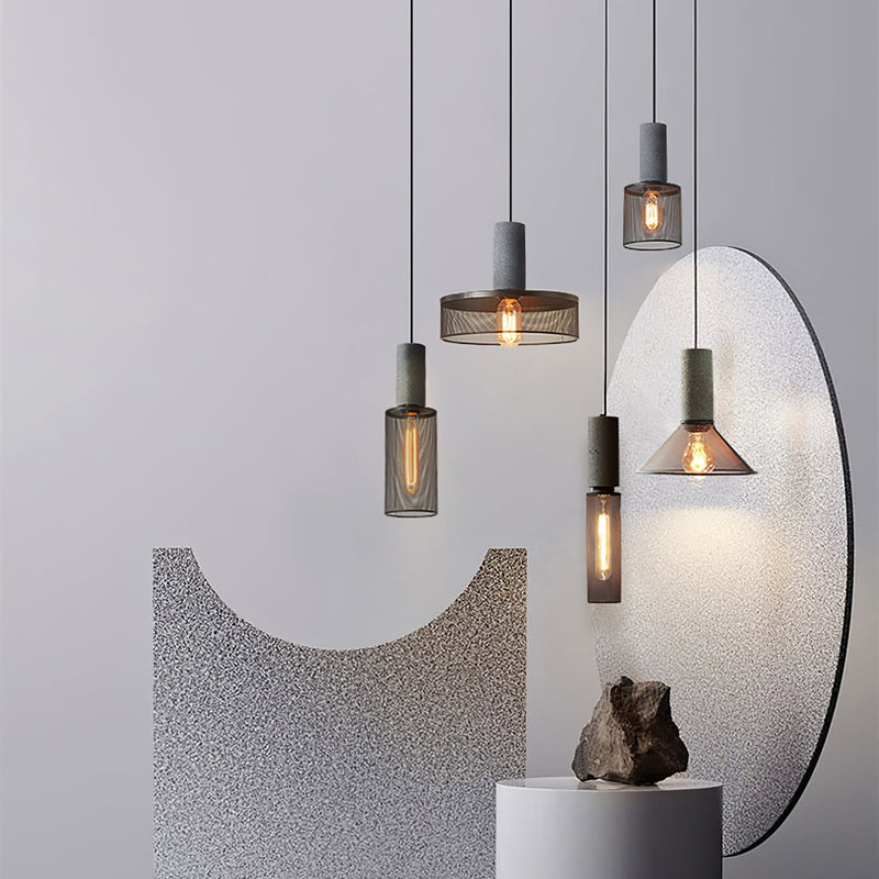 Pendant Light with Concrete Detail and Metal Mesh Shade