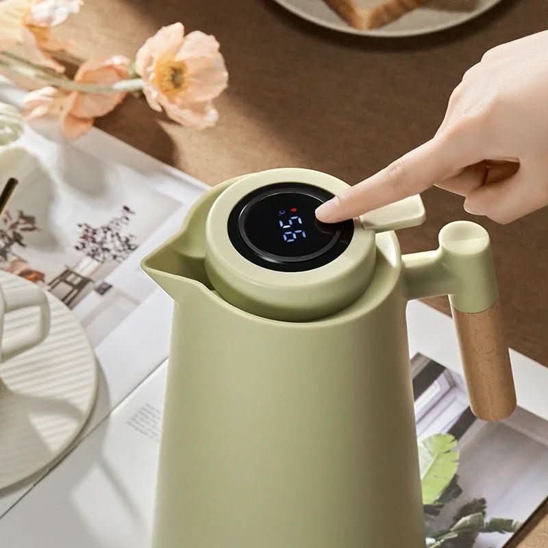 Thermal Flask with Temperature Display, Double-Walled Stainless Steel and Wooden Handle