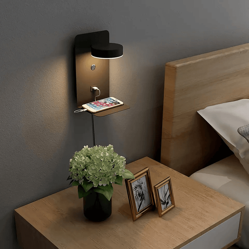 Multifunctional LED Wall Lamp with Shelf – Rotatable and with USB Charger