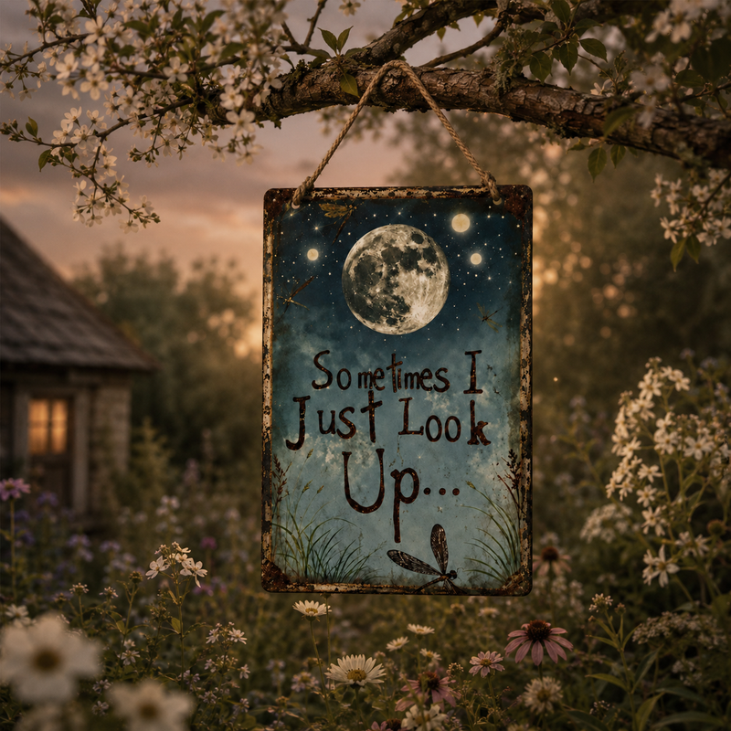 Vintage Moon & Dragonfly Hanging Garden Sign