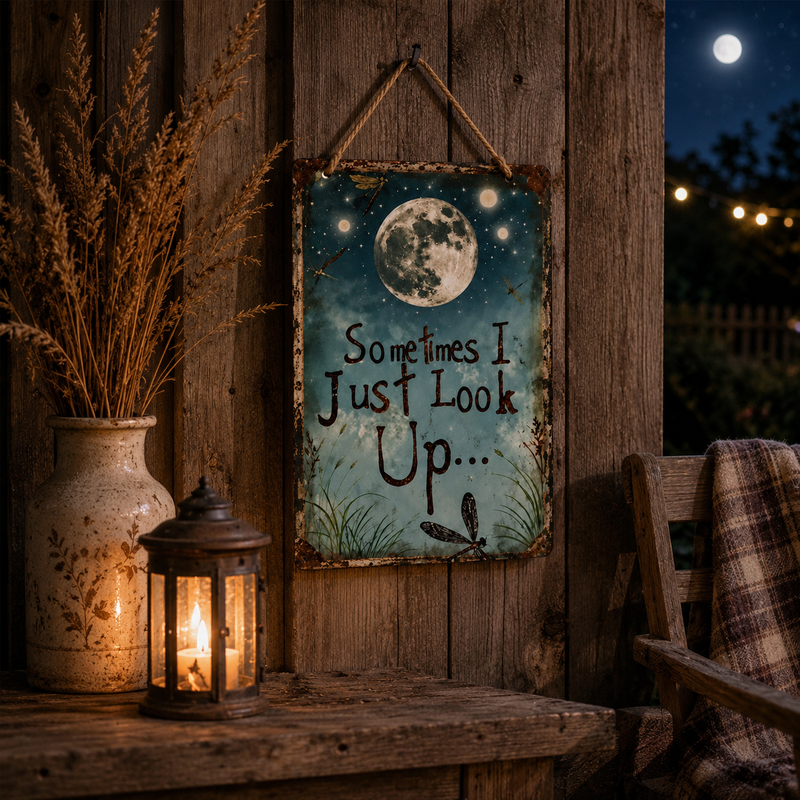 Vintage Moon & Dragonfly Hanging Garden Sign