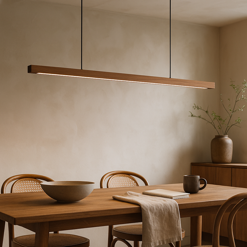 Linear Wooden LED Pendant Light with Adjustable Suspension