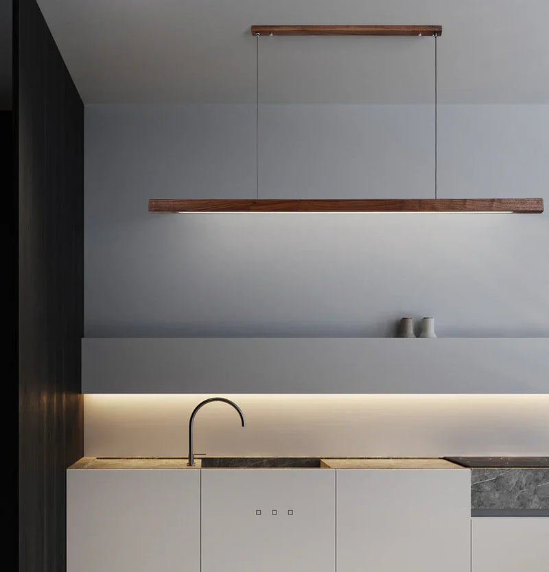 Linear Wooden LED Pendant Light with Adjustable Suspension