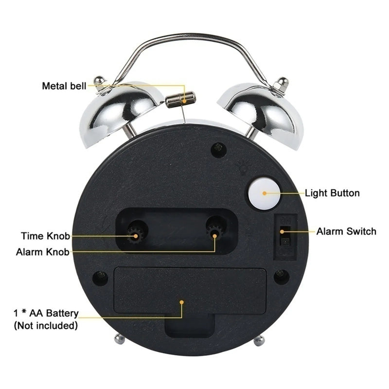 Silent Twin Bell Alarm Clock with Extra-Loud Alarm and Luminous Dial