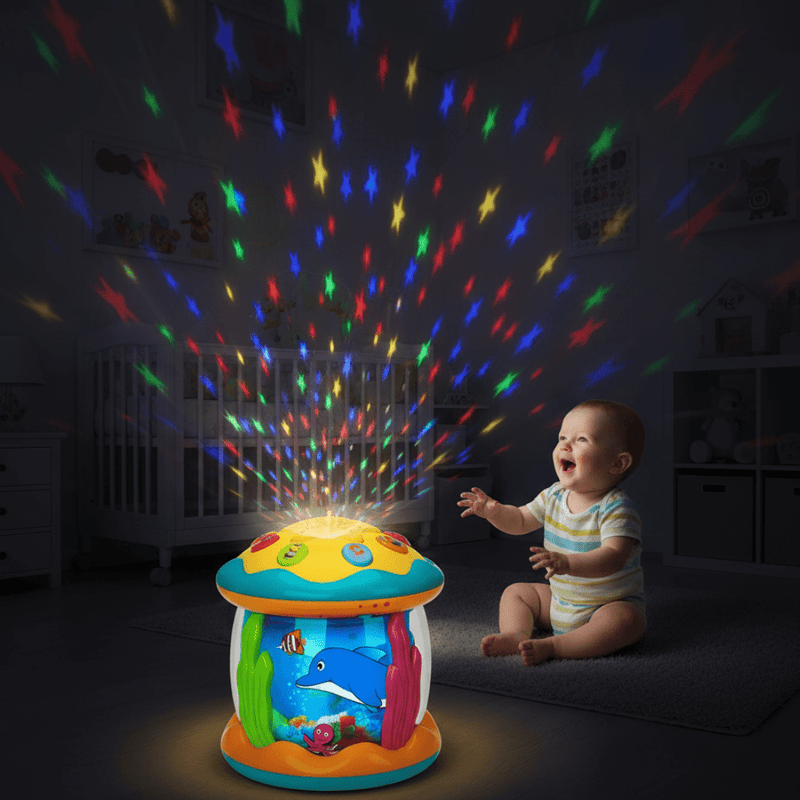 Interactive Musical Toy Drum with Lights and Rotating Sensory Features