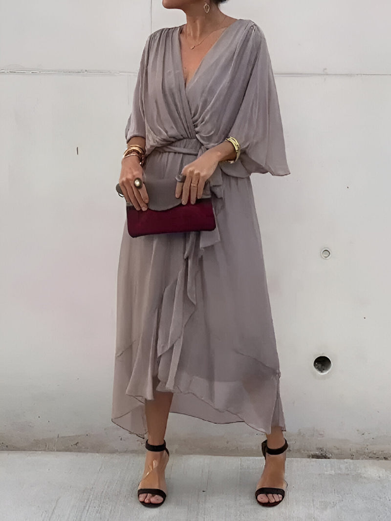Elegant Ladies' Summer Dress with V Neck and Waist Belt