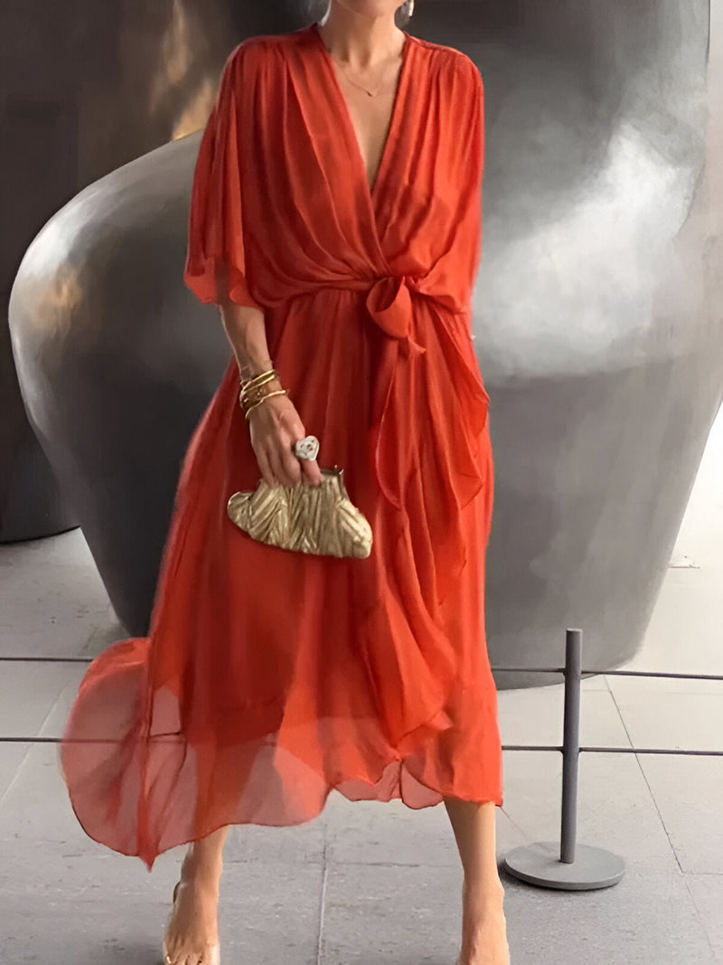 Elegant Ladies' Summer Dress with V Neck and Waist Belt