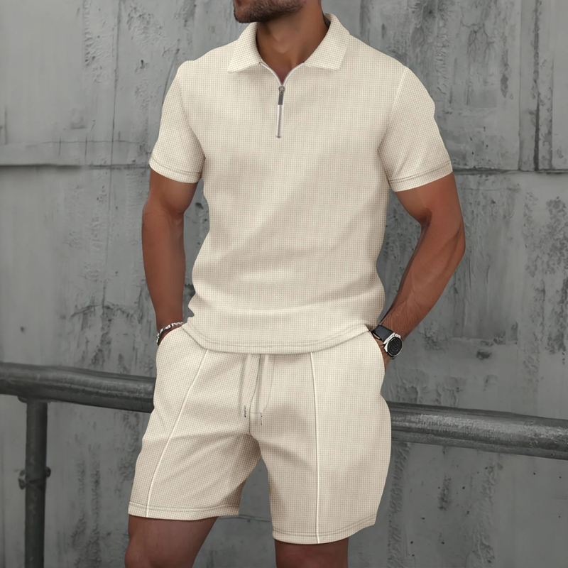 Men's Summer Set with Zip Collar Polo and Comfortable Shorts