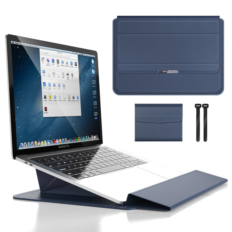 PU Leather Laptop Sleeve with Fold-Out Stand and Storage