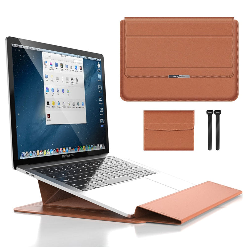 PU Leather Laptop Sleeve with Fold-Out Stand and Storage