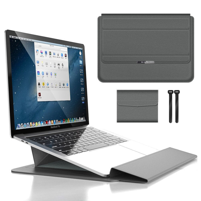 PU Leather Laptop Sleeve with Fold-Out Stand and Storage