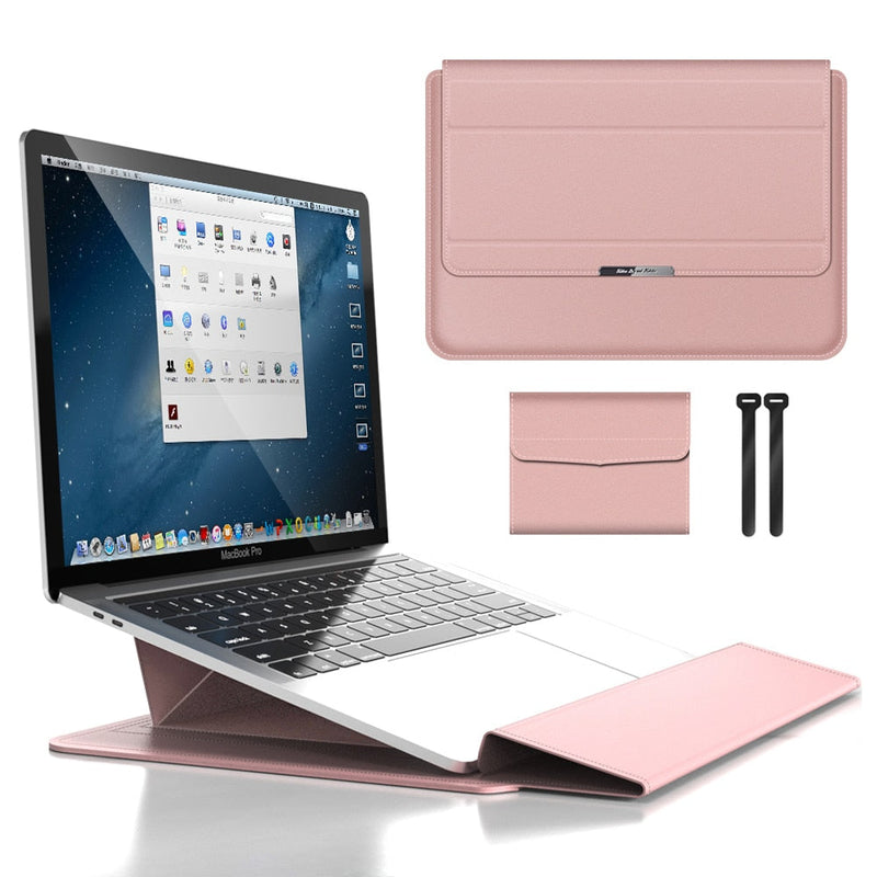 PU Leather Laptop Sleeve with Fold-Out Stand and Storage