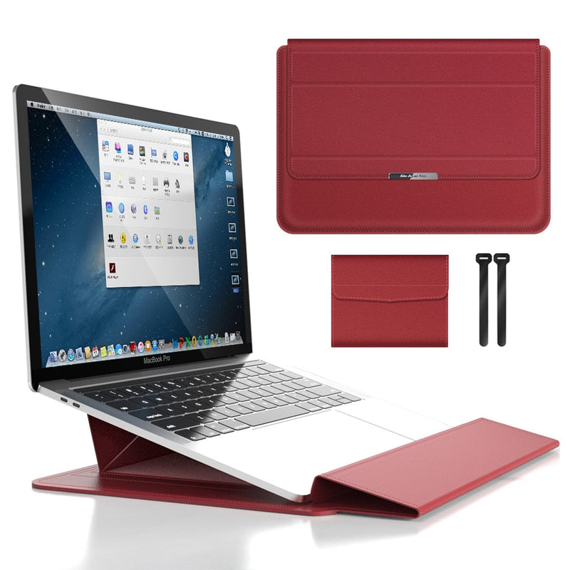PU Leather Laptop Sleeve with Fold-Out Stand and Storage