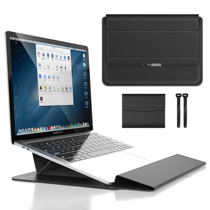 PU Leather Laptop Sleeve with Fold-Out Stand and Storage