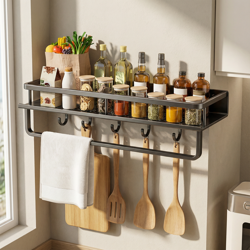 Metal Kitchen Wall Shelf Black – Space-Saving Storage Rack with Hooks