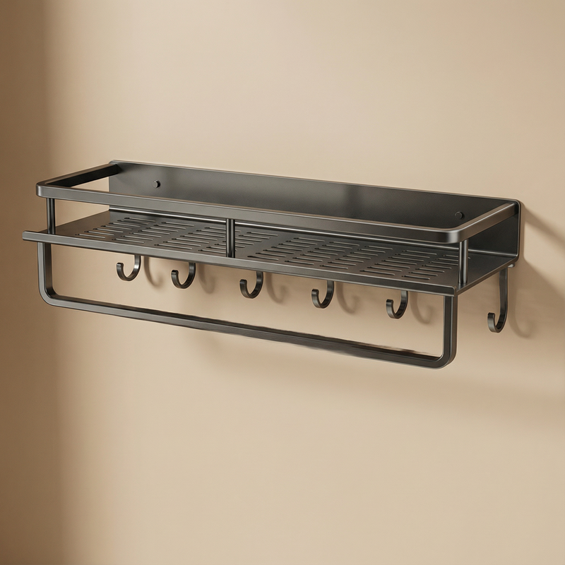 Metal Kitchen Wall Shelf Black – Space-Saving Storage Rack with Hooks