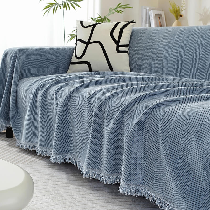 Sofa Throw with Herringbone Weave and Fringed Edges
