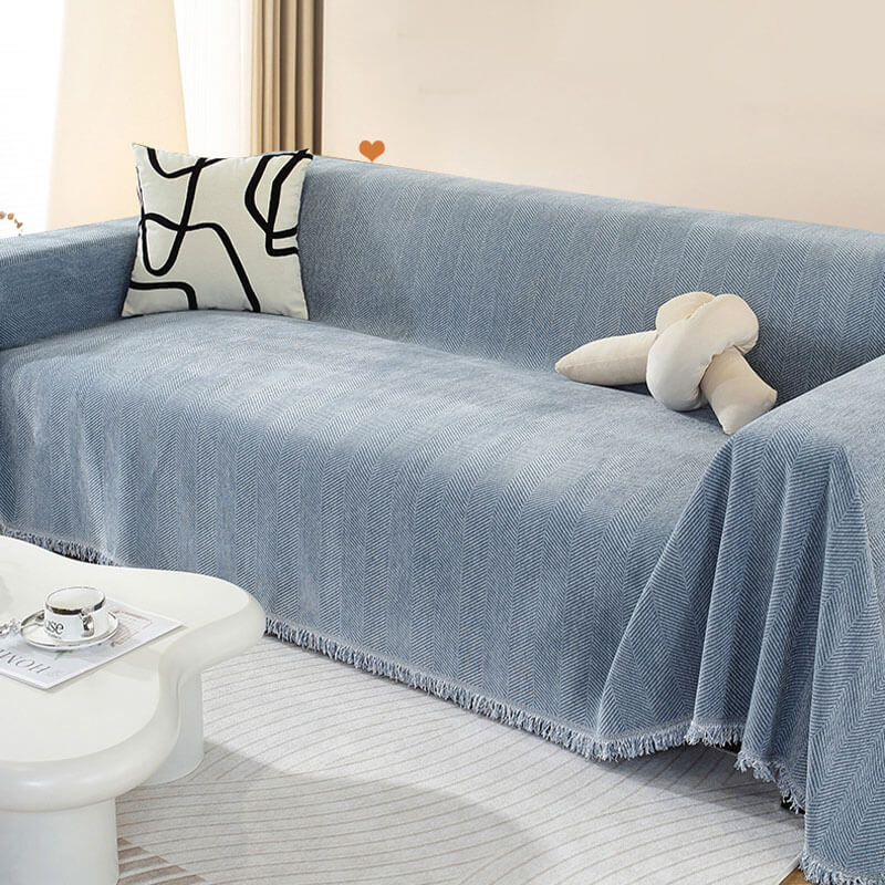 Sofa Throw with Herringbone Weave and Fringed Edges