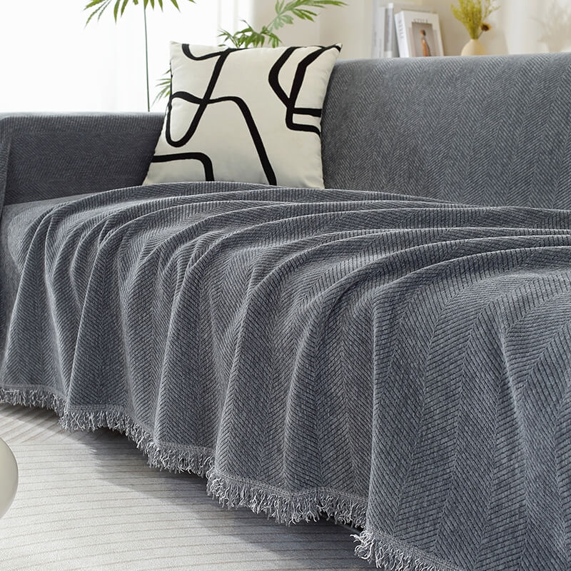 Sofa Throw with Herringbone Weave and Fringed Edges