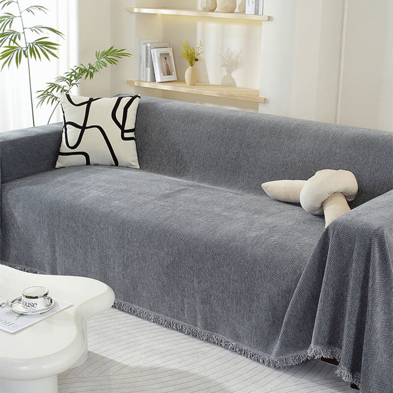 Sofa Throw with Herringbone Weave and Fringed Edges