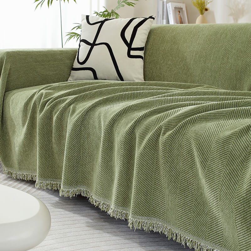 Sofa Throw with Herringbone Weave and Fringed Edges