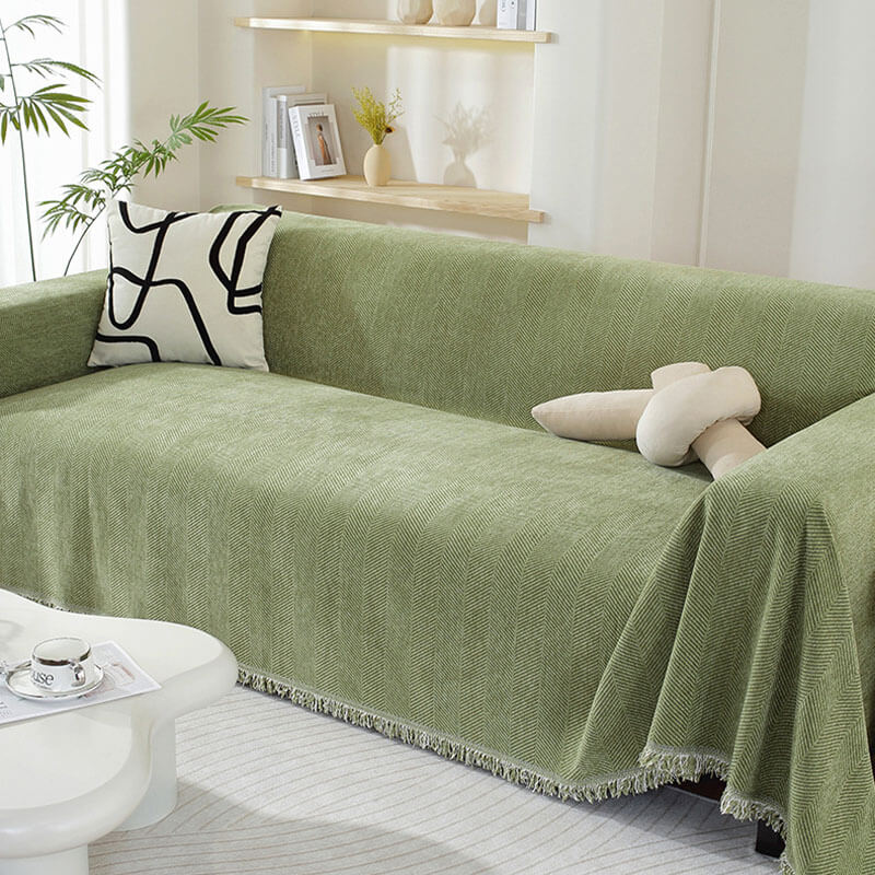 Sofa Throw with Herringbone Weave and Fringed Edges