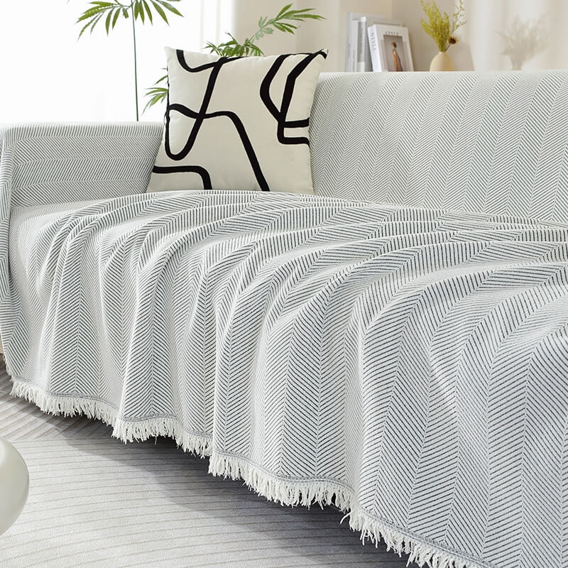 Sofa Throw with Herringbone Weave and Fringed Edges