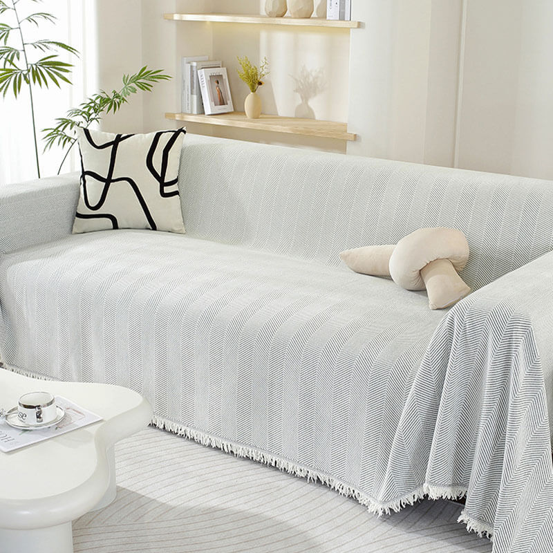 Sofa Throw with Herringbone Weave and Fringed Edges