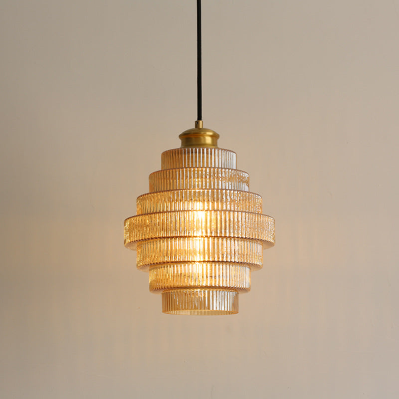 Tiered Ribbed Glass Pendant Light with Adjustable Suspension